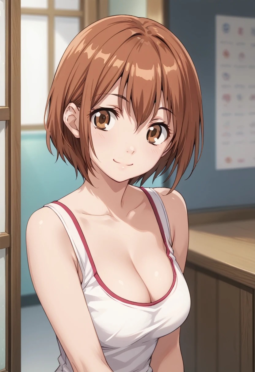 ManamiKinjuo, short hair, brown hair, brown eyes,,cleavage,smile