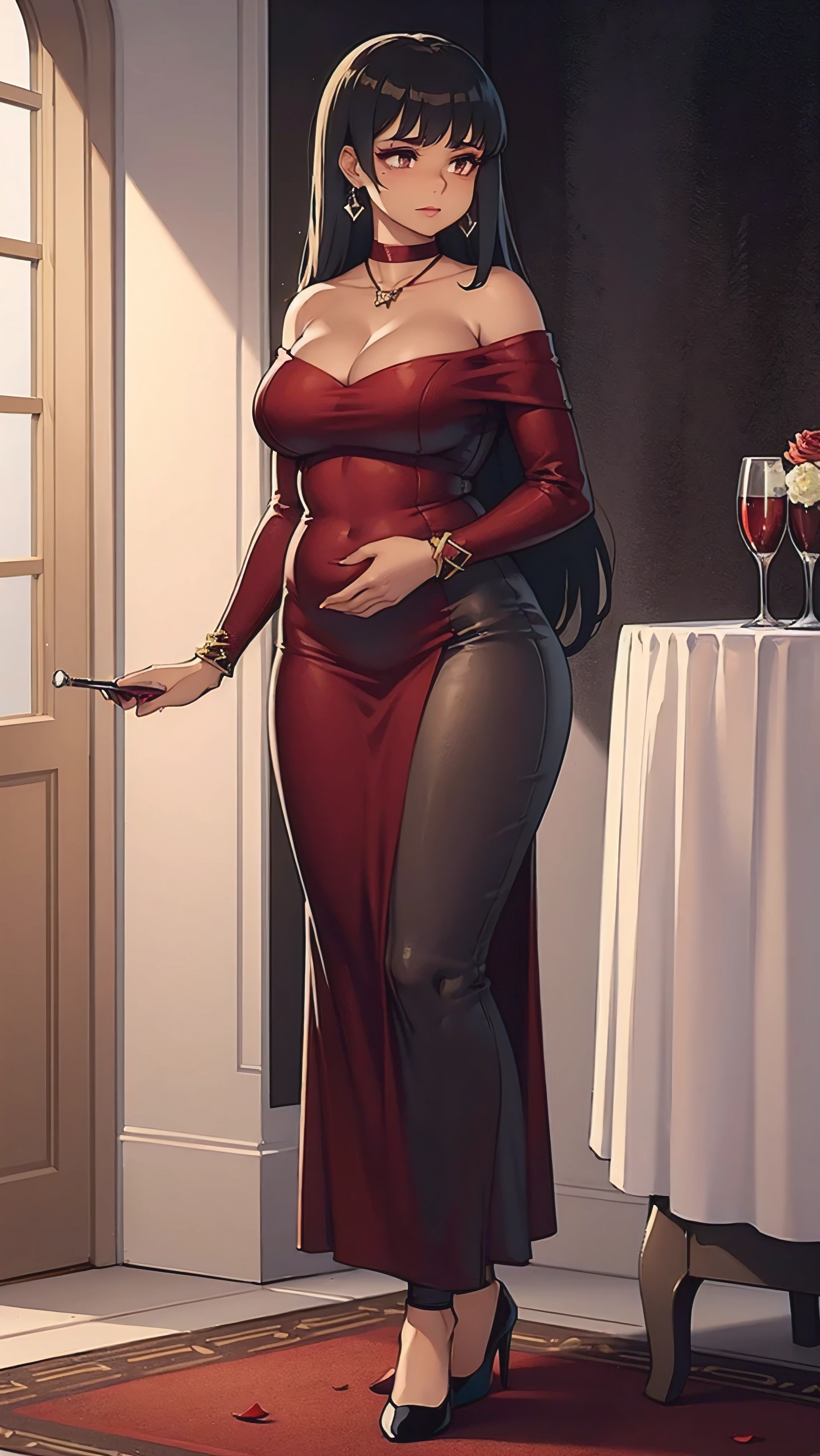 A dark-skinned brunette, brown woman with smooth and radiant brown skin, woman, full belly, small belly,wavy black hair falling over one shoulder, delicate face, brown eyes highlighted by smoky eye makeup, bright red lips, slim and elegant body with curves subtle, height of 1.68 meters, wearing a fitted crimson dress with a side cut that highlights the legs, slightly revealing neckline, fabric with subtle shine, delicate and elegant high heels, silver necklace with pendant minimalist, detailed silver earrings, matching bracelet, confident and charming posture with one leg crossed over the other, seductive expression with a soft smile and engaging gaze, hand elegantly holding a wine glass, the other resting gently on the leg,Romantic and dimly lit lounge setting, illuminated by soft, flickering candlelight and warm amber wall sconces, velvet curtains in deep crimson framing the room, plush dark leather seats arranged around low glass-topped tables, smooth jazz playing softly in the background, the faint scent of vanilla and sandalwood lingering in the air, sleek black marble floor reflecting the golden glow of the lighting, a bottle of red wine with two crystal glasses set elegantly on the table, scattered rose petals adding a touch of romance and mystery, intimate and captivating atmosphere enhanced by the interplay of shadows and light,hard drive, retina, master piece, ccurate, anatomically correct, textured skin, super detail, high details, high quality, granted, best quality, Highest, 1080P, UHD, 4k, 8k, 16k