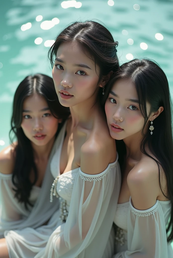 (3girl), nice smile, (Transparent lace clothes with cute frills:1.2), ribbon, sexy look, (Best Quality:1.4), (Ultra-detailed), (extremely detailed beautiful face), brown eyes, (highly detailed Beautiful face), (extremely detailed CG unified 8k wallpaper), Highly detailed, High-definition raw color photos, Professional Photography, Realistic portrait, Extremely high resolution, beach, Palm tree, (Fine face:1.2), sunny day