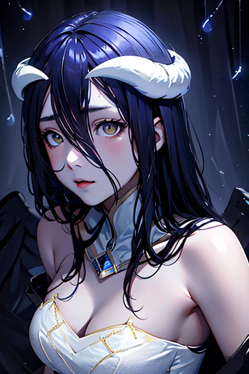 A demonic and seductive looking anime character, with black wings, long dark flowing hair, bright golden eyes, and curved horns like those of a ram. has pale skin, a mischievous smile and a playful and mysterious expression, holding a finger to his lips as if silencing someone. She wears a white dress with intricate detailing and gold accents, along with a blue gem on his chest. The scene is dramatically lit., with soft shadows that enhance her sharp features, as the background fades into darkness, adding an enigmatic and magical touch. The style is a mix of anime fantasy with intricate details, Capturing an intense portrait, close and dynamic