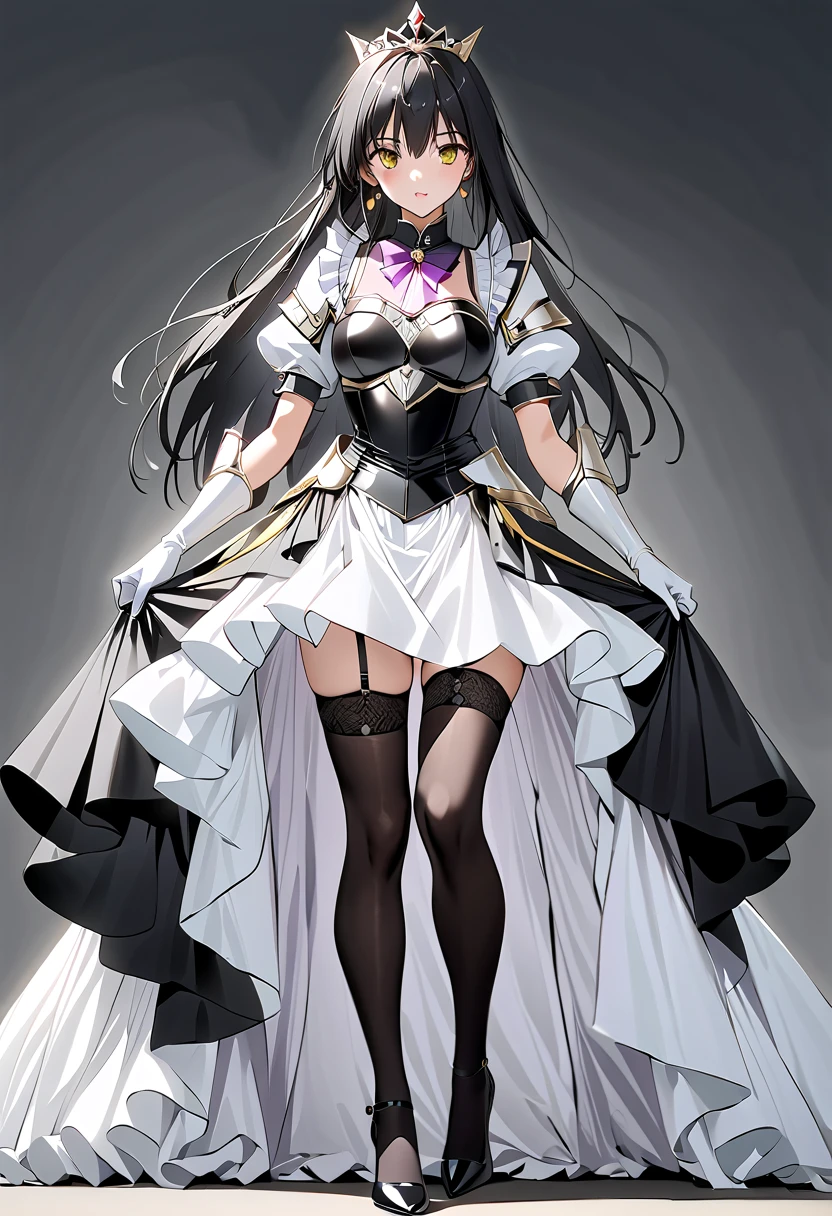 ((masterpiece)),  best quality,  beautiful adult woman,  Very detailed,( one woman), Yui Furukawa,  yellow eyes, Long Hair,  black hair, Black and white dress,  long skirt, (( white knee socks like Arcelle )), Gloves,  jewelry,  clevis,  Princess Dress , elbow Gloves,  tiara , brooch, white Gloves、((( black stockings ))), (((Garter belt))), (((black strappy stiletto heels))), Adult women、thin、 VERY BEAUTIFUL、 Facial beauty、 long skirt、(((black and white armor、breastplate、Shiny Armor:1.2)))、 holding a bow、 Gold Earrings 、 black hair,  yellow eyes,  pink lips、whole body