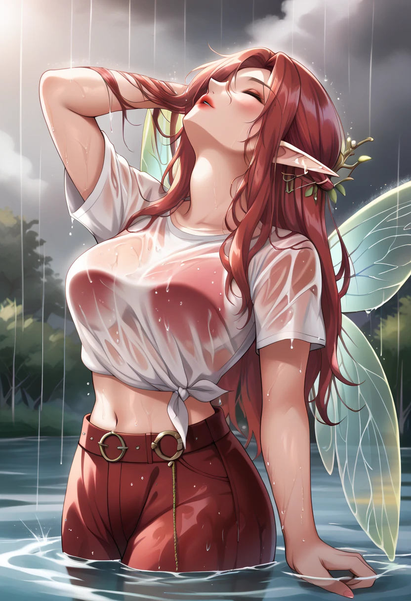 score_9, score_8_up, score_7_up, 1girl, source_anime, Beautiful, Curvy, Tall, Mature, (Medium Breasts: 1.3), (Wet Elf Woman: 1.3), (Standing, head back, in water at a lake in the rain during a rain storm, dark cloudy skies: 1.3), (Fairy Wings: 1.3), (Thicc Thighs, Big butt: 0.6), (Wet Messy Long Red Hair: 1.3), Blue Eyes: 1.3, has shine, double eyelids, detailed irises, (Wet Sheer White Midriff Short Sleeve Shirt: 1.3), Red lipstick: 1.3, 16k, light and shadow on skin, vivid colors, Lustful Expression, sexy mature face, lots of freckles, full voluptuous pouty lips, eyes closed, (Close-up: 0.7), aktk511