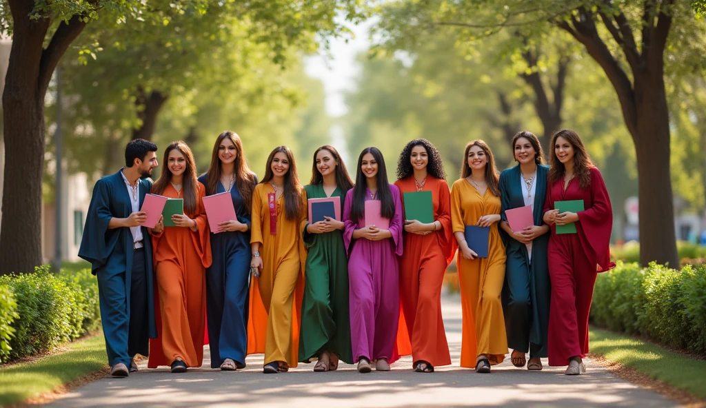 A group of cheerful Egyptian young men and women walking together along a tree-lined paved road. They are holding books and certificates, appearing hopeful and optimistic about a bright future ahead. Their expressions radiate joy and determination, with sunlight filtering through the leaves above, creating a vibrant and uplifting atmosphere.