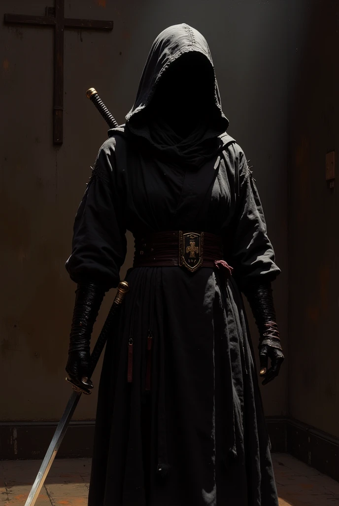 detailed Renaissance oil painting, masterpiece, FredFraiStyle, female Japanese ninja assassin with katana, hood, chiaroscuro, silhouette, weapon, directional lighting, masterpiece, perfect composition, perfect hands, cowboy shot, perfect anatomy.
