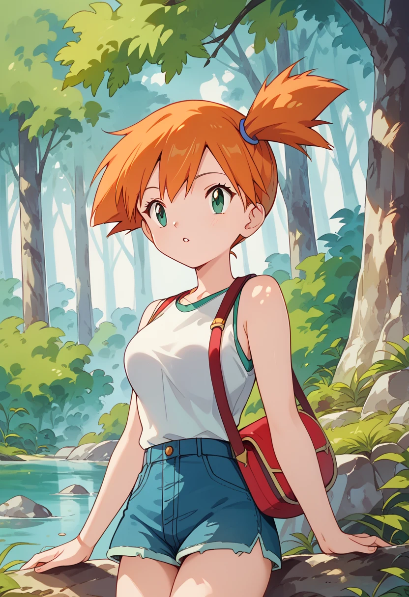 1girl, Mit, green eyes, orange hair, bangs, side ponytail, hair tie, short hair,sleeveless,denim skirt,medium breasts,nature,
