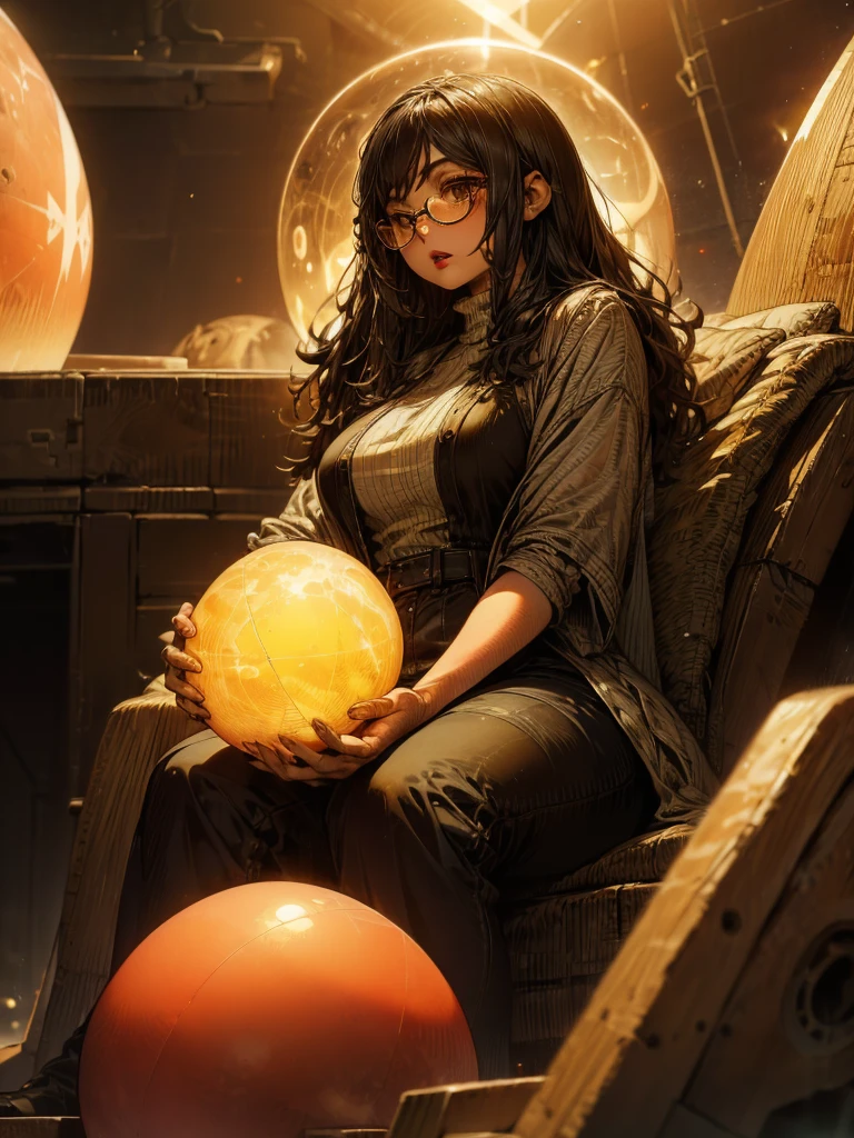 (( 1 girl)), Anime,  black hair, Dark Skin, shiny golden eyeglass lenses, Mouth closed and expressionless,  is sitting, She holds a glowing sphere in her hand.、Two other glowing spheres orbit her.. red lips