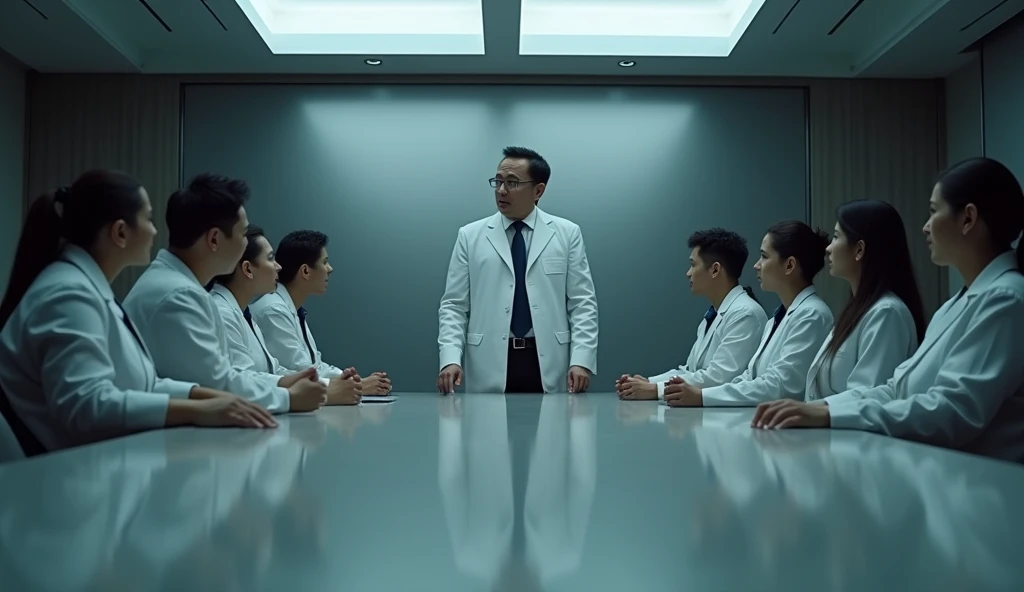 Realistic、beautiful、A large group of young Japanese men、Completely naked、Full nudity、Health checkup venue、Butt Exposed、Opposite is an elderly doctor wearing a white coat