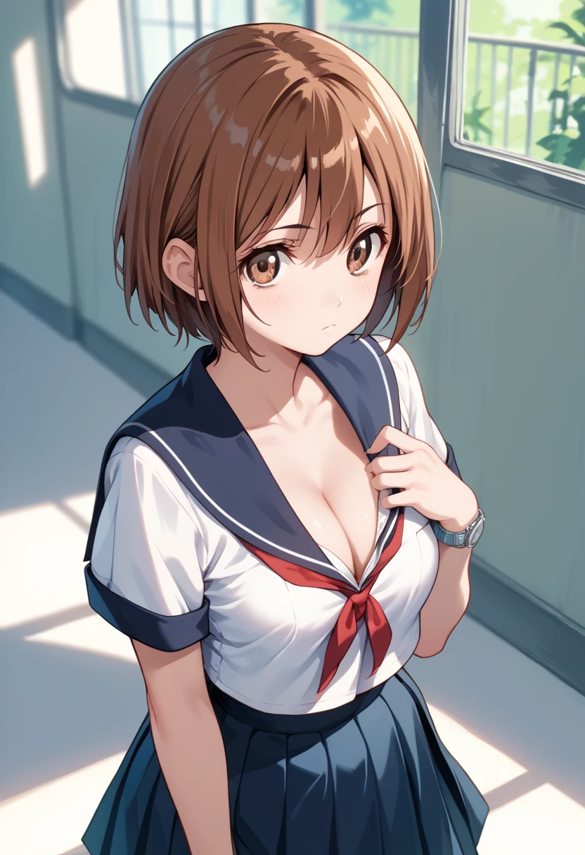 ManamiKinjuo, short hair, brown hair, brown eyes,,cleavage,school uniform,skirt