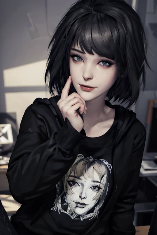 Maxine Caufield, 1-person, black lipstick, eyeliner, eye shadow, mascara, smoky eyes, black lips, natural lighting, black lips, sweatshirt, sweetheart, realistic, perfect, excellent quality, high definition, RAW, hood-up, concealed identity, tired eyes, baggy eyes, selfie expression, solo., realism, HD, 4K, 8K, UHD, anatomically correct, masterpiece, accurate, high quality, highres, award winning, super detail, looking at viewer, humanoid, 1 human only, depth of field, pixel-perfect, solo, friendly, smiling, twirling hair playfully, artistic