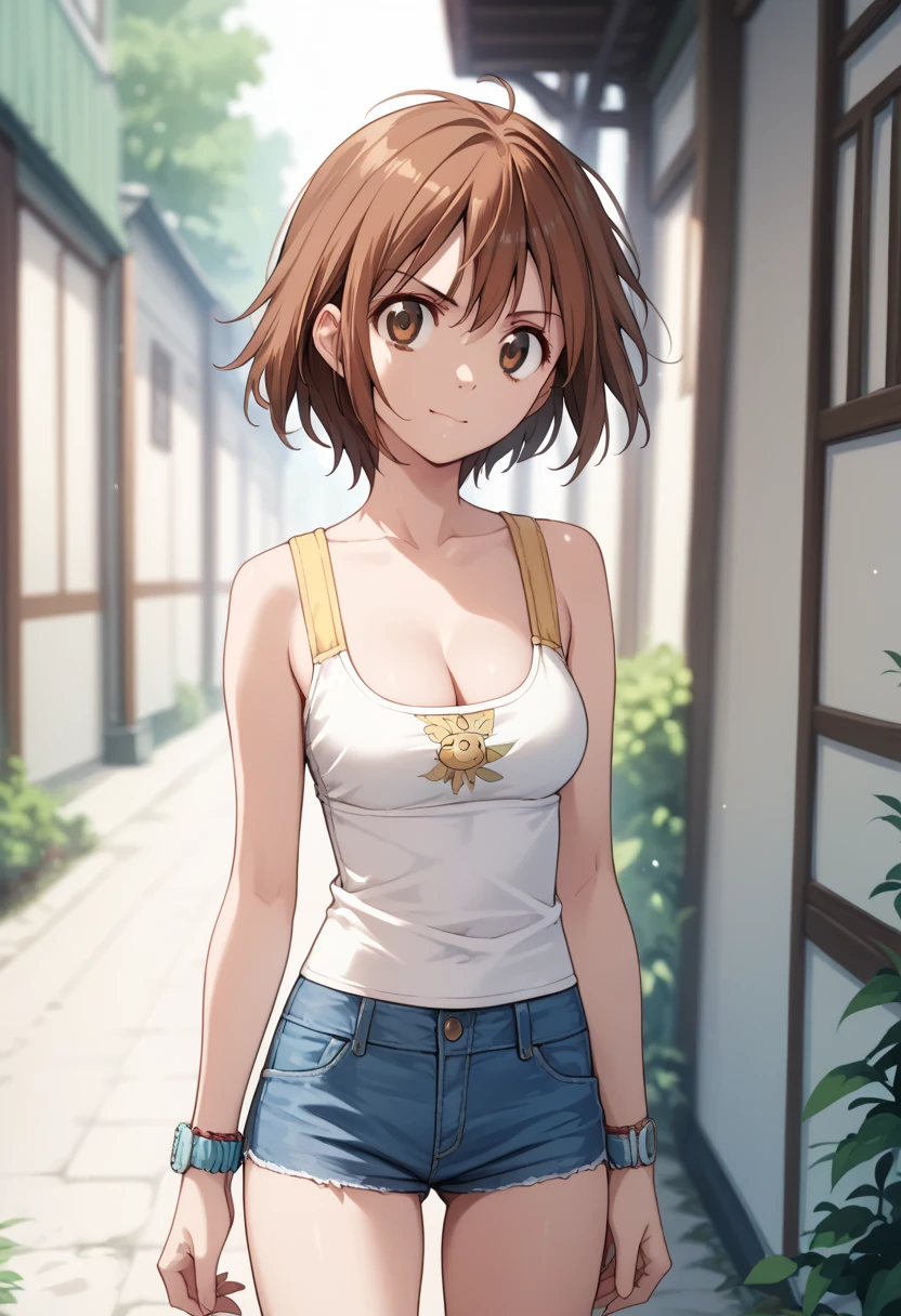 ManamiKinjuo, short hair, brown hair, brown eyes,,cleavage,smile,frown,denim shorts