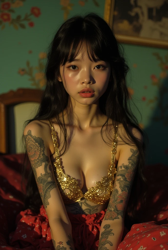 (dark shot:1.1), epic realistic, portrait (LDR_LoraDancer:0.9), Portrait of a girl, makeup, Japanese styling faded, (neutral colors:1.2), (hdr:1.4), (muted colors:1.2), hyperdetailed, (poses:1.3), gold bra, tattoos on her arms, (artstation:1.4), cinematic, warm lights, dramatic light, (intricate details:1.1), complex background, (rutkowski:0.66), (teal and orange:0.4), (natural skin texture, hyperrealism, soft light, sharp)
