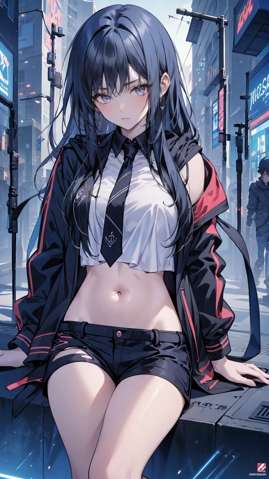   Woman with Long Hair and Jacket Poses in the City,  Cyberpunk Anime Girl Wearing Hood ,  urban girl fan art , Torn clothes,  Anime Style, 美しい digital artワーク, Style Ross Tran ,  bra y shorts streetwear ,  digital art. @mariomaniacdude,  Realistic Anime 3D Style ,  Vibrant Ross Draws Cartoons  ,   belly button is exposed  ,  anime atmosphere 