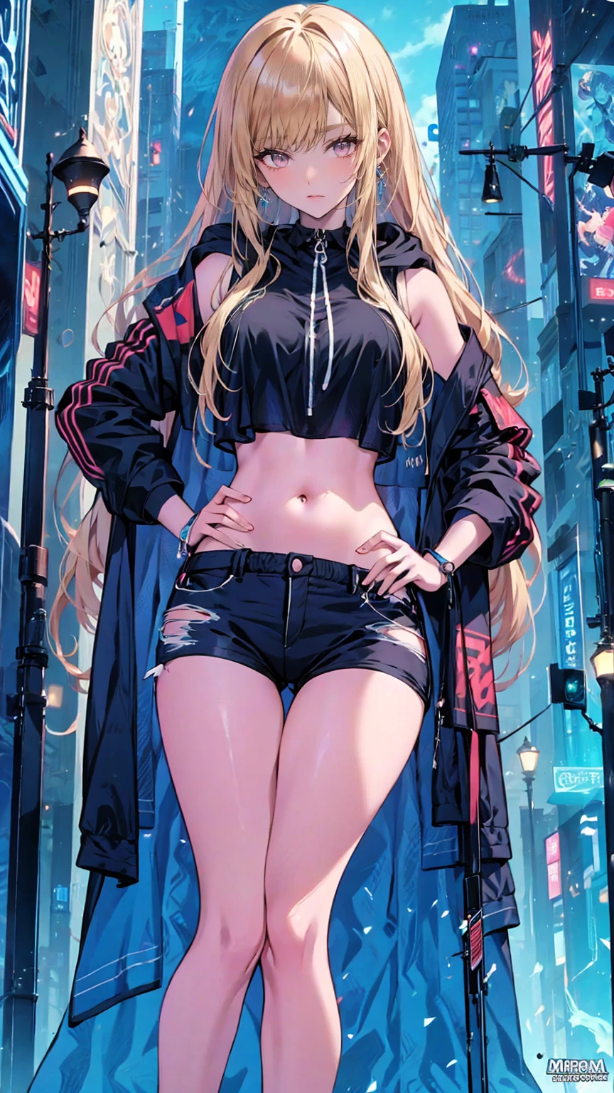   Woman with Long Hair and Jacket Poses in the City,  Cyberpunk Anime Girl Wearing Hood ,  urban girl fan art , Torn clothes,  Anime Style, 美しい digital artワーク, Style Ross Tran ,  bra y shorts streetwear ,  digital art. @mariomaniacdude,  Realistic Anime 3D Style ,  Vibrant Ross Draws Cartoons  ,   belly button is exposed  ,  anime atmosphere 