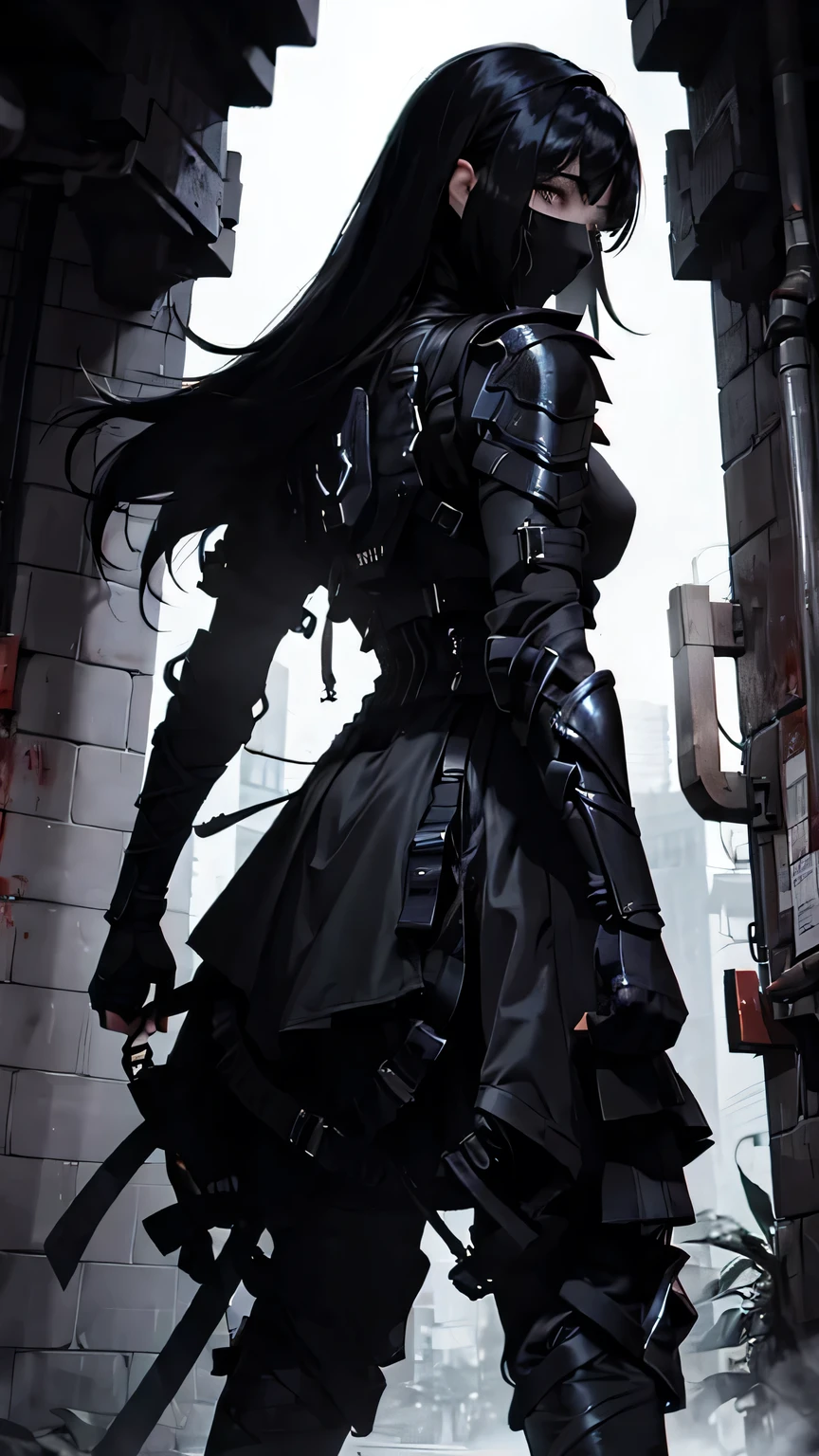 woman, ultra high details, dark fantasy, bloom, blood, dark environment, dark background,back turned, light armor,