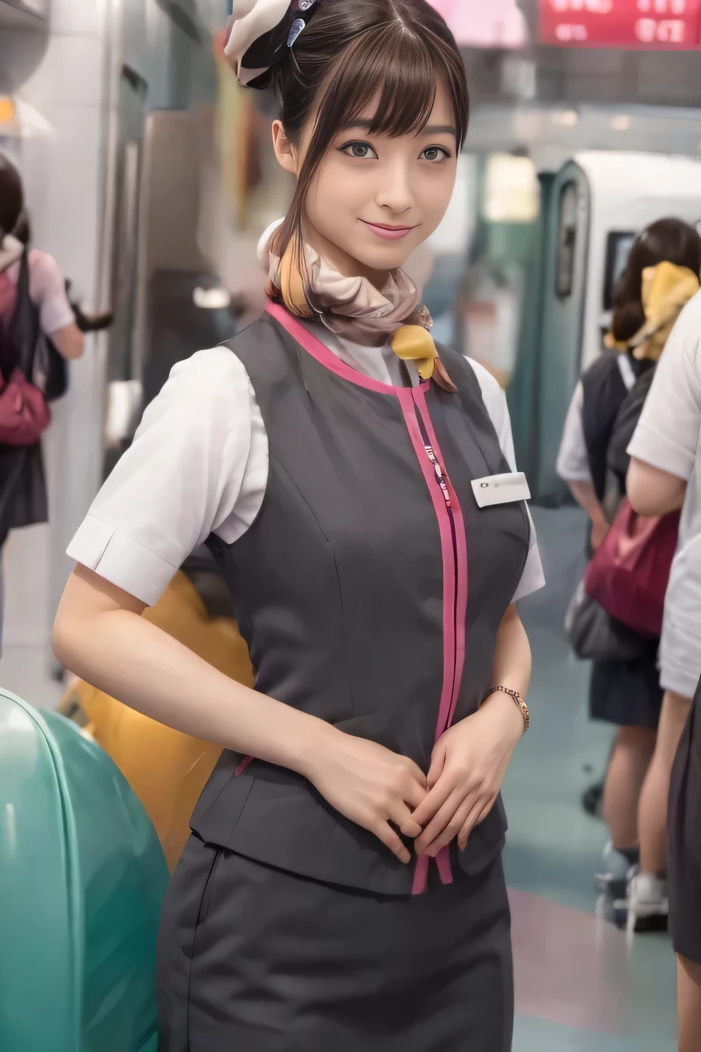 (masterpiece:1.2,  best quality:1.2), 32kHDR,  high definition , (Alone、 1 girl)、（Ride the bullet train 、 professional lighting）、Car interior background、（Realistic style of JR Gran Class crew wearing uniform）、Short sleeve blouse、Scarf around the neck、（ JR Gran Class crew uniform with pink parts on the sleeve of the skirt ）、（ JR Gran Class crew uniform with pink lines on the front zipper of the vest）、  lots of dark brown hair 、（Hair tied up、 bun hair、bread）、  lots of dark brown hair 、Long Hit、Big Breasts、（（：2.0）），（（ Harmonious Body Proportions ：1.5）），（（Normal limbs：2.0）），（（Usually refers to：2.0）），（（ delicate eyes ：2.0）），（（Normal eyes：2.0））)、smile、Beautiful position,Place your hands around your stomach