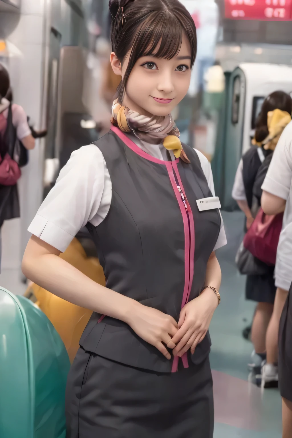 (masterpiece:1.2,  best quality:1.2), 32kHDR,  high definition , (Alone、 1 girl)、（Ride the bullet train 、 professional lighting）、Car interior background、（Realistic style of JR Gran Class crew wearing uniform）、Short sleeve blouse、Scarf around the neck、（ JR Gran Class crew uniform with pink parts on the sleeve of the skirt ）、（ JR Gran Class crew uniform with pink lines on the front zipper of the vest）、  lots of dark brown hair 、（Hair tied up、 bun hair、bread）、  lots of dark brown hair 、Long Hit、Big Breasts、（（：2.0）），（（ Harmonious Body Proportions ：1.5）），（（Normal limbs：2.0）），（（Usually refers to：2.0）），（（ delicate eyes ：2.0）），（（Normal eyes：2.0））)、smile、Beautiful position,Place your hands around your stomach