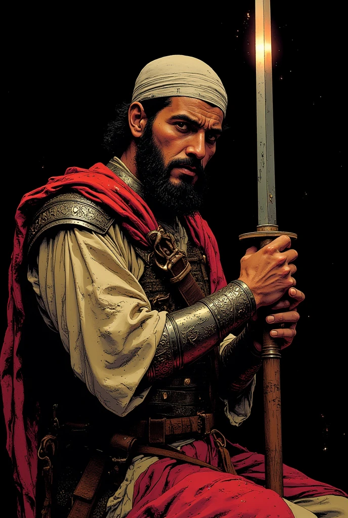 (best quality, masterpiece:1.2), A vivid 2D comic illustration showcasing a Muslim warrior honing his sword with precision and focus. Set against a deep black background, the scene captures the warrior in a moment of quiet determination and skill. His attire reflects traditional warrior garb, detailed and authentic, highlighting his cultural heritage. The light gleams off the blade as he carefully sharpens it, preparing for battle. This moment is one of preparation and reflection, emphasizing the warrior's strength and readiness. The artwork should convey the tension and intensity of the moment, with the black background enhancing the dramatic effect
