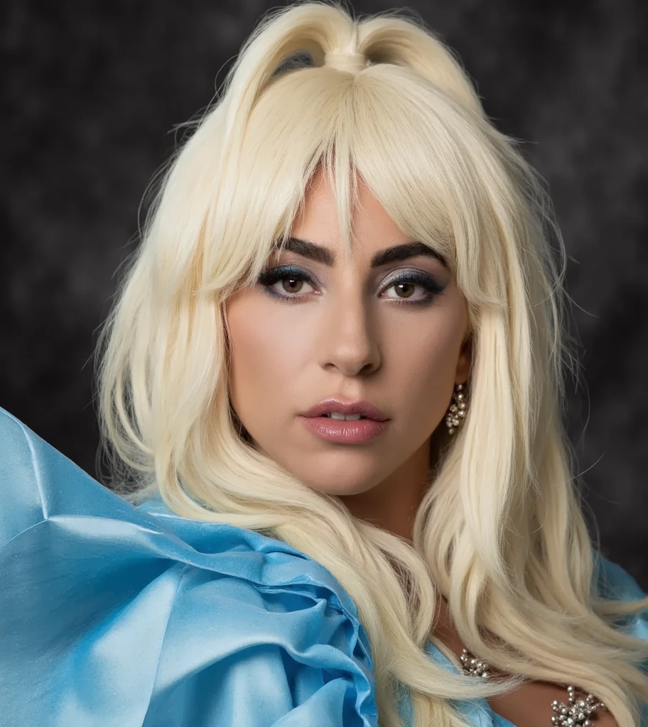 Lady gaga with blonde hair with bangs wearing a latex blue outfit,  long hair, high resolution,  very long hair,  Best Quality 