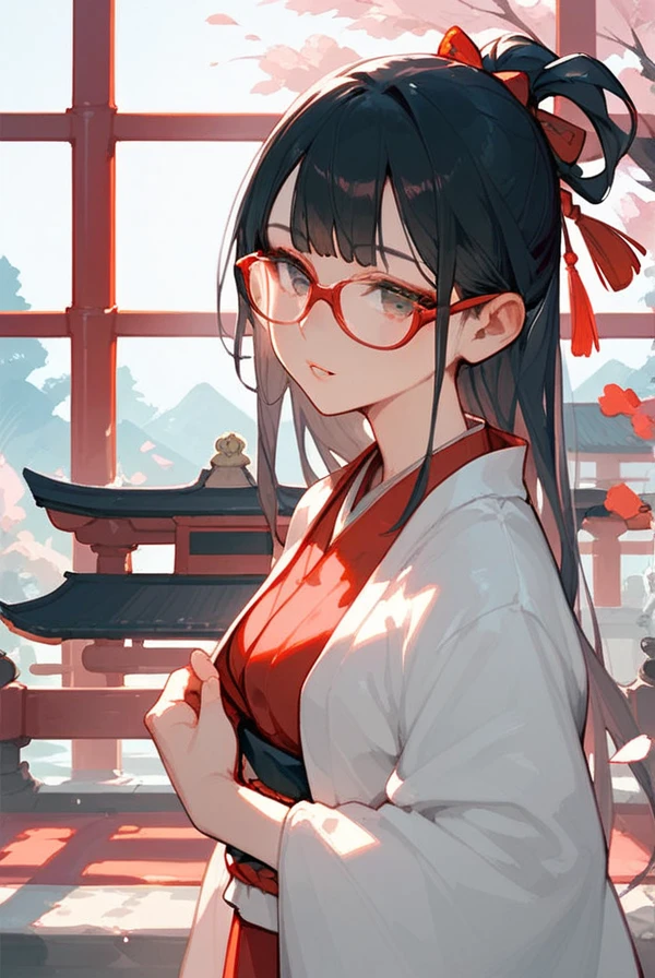 Black hair, long hair, glasses, red kimono, Japanese shrine, shrine visit