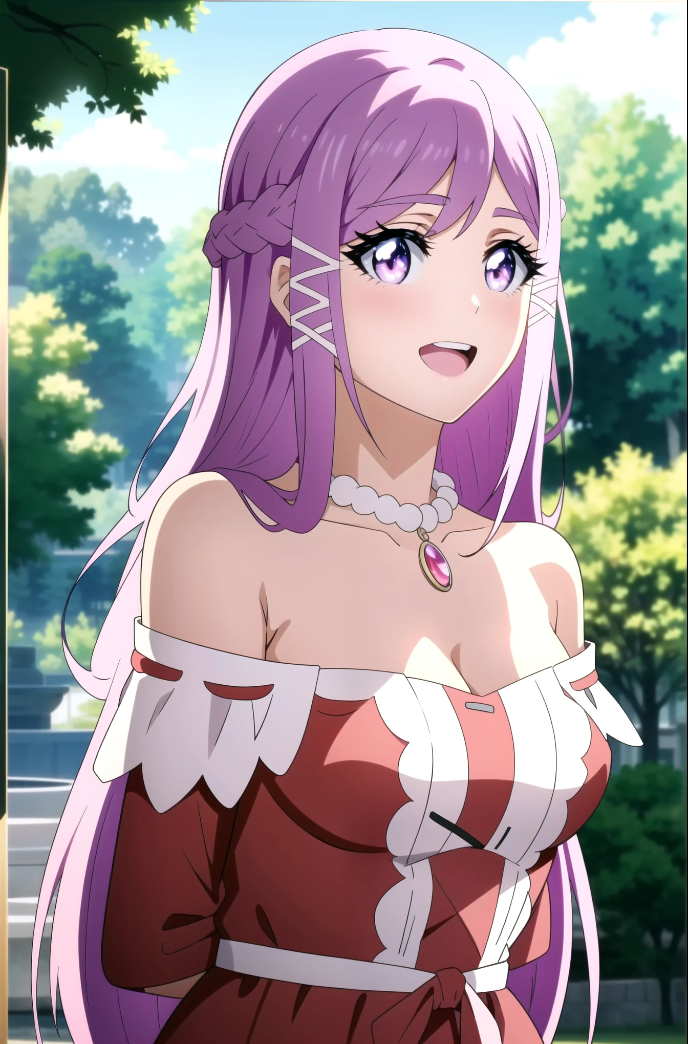 (shoujo style), ((hair detail, eyelash detail, bangs)), manhwa scene, 1girl, Xia Zitong, long hair, outdoors, breasts, dress, cleavage, day, 1girl, very long hair, floating hair, open mouth, jewelry, smile, :d, hair ornament, pink dress, necklace, big breasts, arms behind back, collarbone, braid, lisbeth (sao), purple eyes, off-shoulder dress, looking at viewer, upper body, off shoulder, tree, shiny hair, asuna (sao), pink hair, blurry background, bangs, ribbon, purple hair, shiny, french braid, (masterpiece), (highest quality), best quality, high resolution, 8K, very detailed, Digital Art, (Highly Detailed Background Backgrounds: 1.2 ), (realistic backgrounds), (intricate details), award-winning, highly detailed, (illustrations: 1.1), (cinematic lighting), soft lighting,