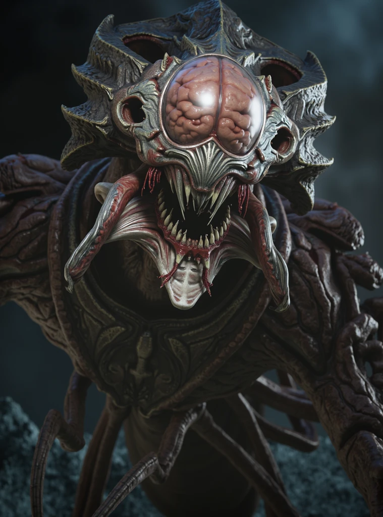 Biomechanoid, monstrous, terrible, with built-in rocket launchers, with sharp teeth, with intimidating eyes, Head-brain, 3D Rendering, hyper-detail, hyper-realism