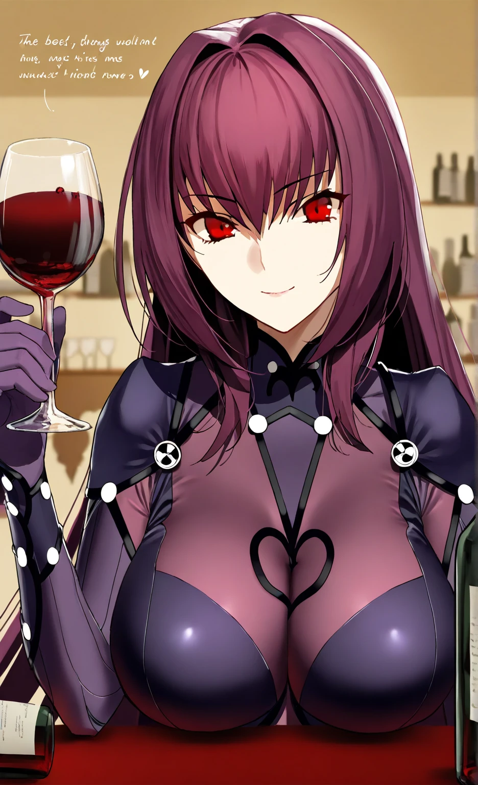  High resolution,  masterpiece, necessary,  The best quality, Detail, quality,  lyrics,  very detailed, Desde un lado

1girl, solo, smile,

Scathach,  scathach fate ,  scathach fate  grand order,  long hair , red eyes,  tight suit, wine, wine glass, wine bottle

Bar, table

