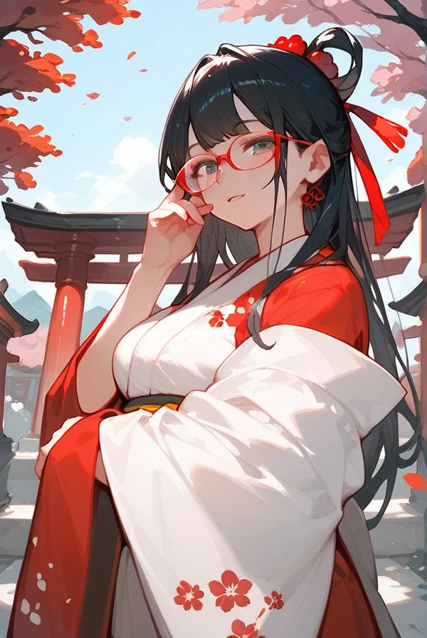 Black hair, long hair, glasses, red kimono, Japanese shrine, shrine visit