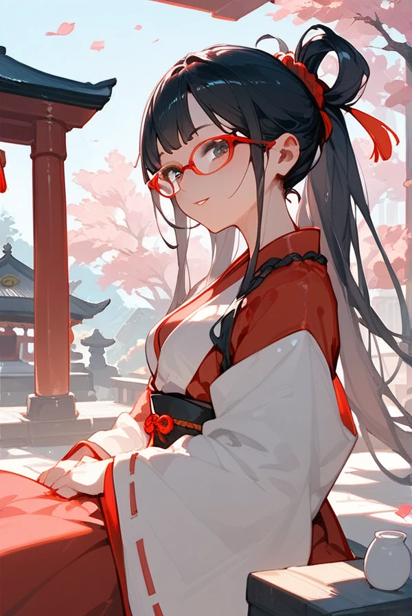 Black hair, long hair, glasses, red kimono, Japanese shrine, shrine visit