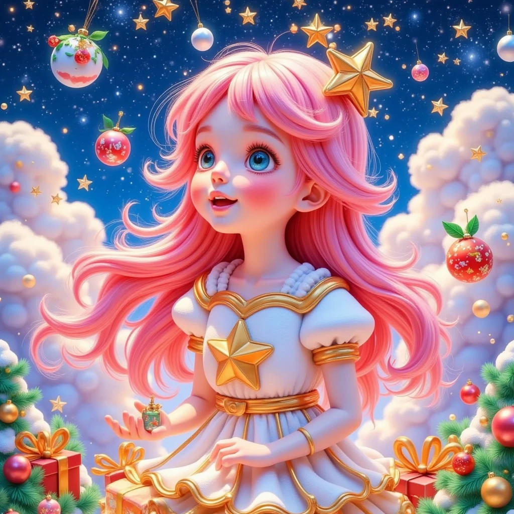 ( Best Quality at the Best Price,4K,8K, High Resolution ,masterpiece:1.2), super detailed,(actual,realistic,realistic:1.37), Dreamy sky ,Soft clouds ,Star,*********** Surrounded by clouds,Look up，Lift your head，  long flowing pink hair  ,gossamer, Fairy tale illustration ,Interesting illustrations，creative illustration ，Hand-drawn style， Artwork in Bright Lights ,The Art of Magic , Storybook Artwork , Inspiring Art ,Beautiful artwork