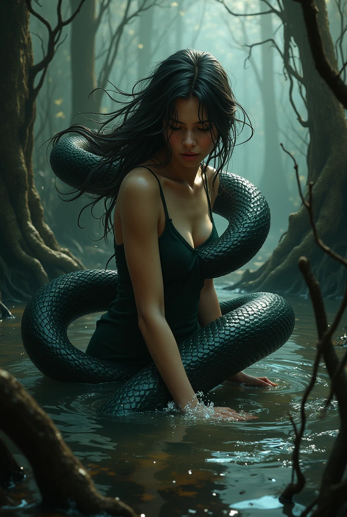 Woman half snake cave Greek mythology in ultra realistic 3D