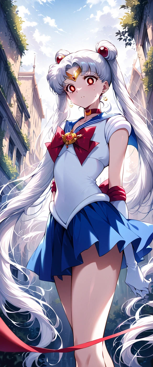 (masterpiece,  best quality,  VERY BEAUTIFUL,  super detailed),  intricate detail, 12K, Honestly, Long Hair,  Double Bang ,  twin tails, Split bangs,  tiara ,  earrings for a woman alone, red eyes,  Red Choker ,  Blue Sailor Color ,  red ribbon,  white shirt, Elbow pocket,  white gloves,  blue skirt ,  standing,  COWBOY SHOOTING ,,( Evil Smiles :1.2),  1 girl ,( Silver Hair:1.4),( hollow eyes,:1.4),from below ,Gazing at the Dawn,Dark Aura, Watch Viewers