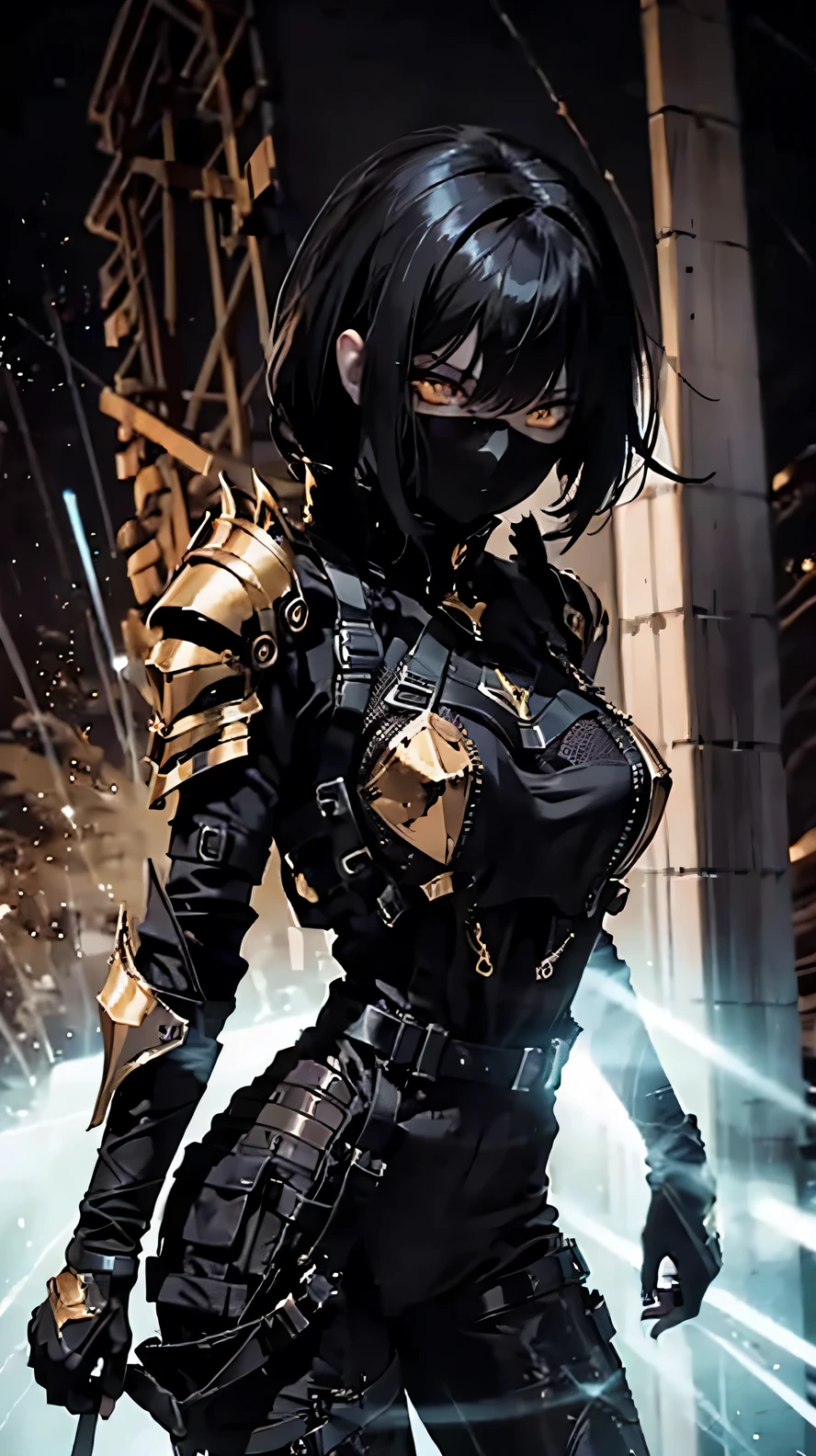 woman, ultra high details, dark fantasy, bloom, blood, dark environment, dark background, light armor, dynamic pose, golden eyes,