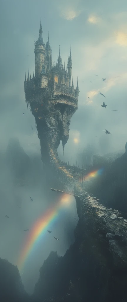 very old bridge\(floating in the sky, on the verge of breaking down, stretches far away to castle from the foreground\) connected to an ancient castle floating in the sky. in the very deep thick fog and very deep thick haze. Dazzling light pours down from the sky and reflects diffusely through the fog.Many rainbows are shining through the mist.