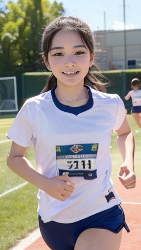 (masterpiece,   best quality,   High Definition  ,   super detailed, 8k, 4K),  ((((Transcendental cute 8th grader)))) 、((smile))、 sports practice 、Club activity practice 、run、1 person、 Running、