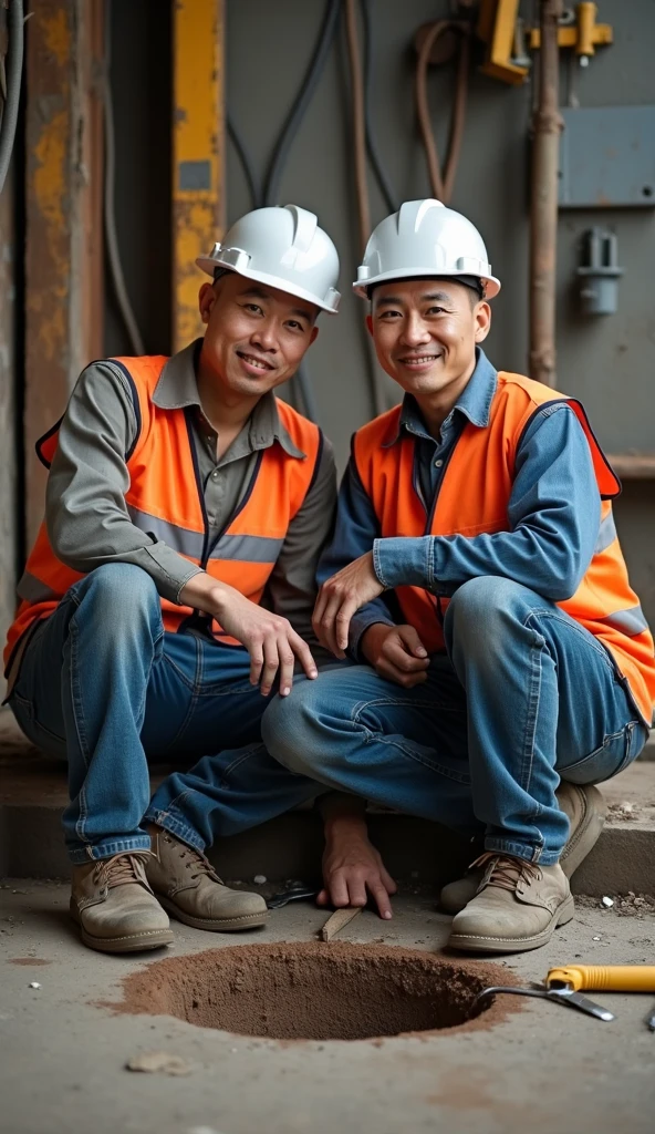 Asian male engineer wearing orange safety suit, hard hat and ruler measuring the whole body of the wall