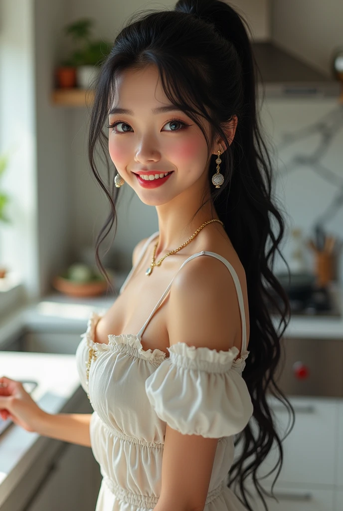 (in 8K、Raw photography、top-quality、​masterpiece:1.2)、(realisitic、Photorealsitic:1.37)、ultra-detailliert、超A high resolution、One lady、独奏、D-cups、beautifull detailed face、A smile、Constriction、(Slim waist:1.3)、Cooking dishes in the kitchen、Wear a translucent apron、Nothing underneath、Pose like a model、Clear eyes、precise face features、Whole human body、Slightly powdered skin texture、Feathering、(Detailed skin)、Realistic texture、Muffled light、Gradient Blending、Perfect face and proportions、Dense skin Beautiful detailed skin、Skin Texture、Floating hair、Professional Lighting、