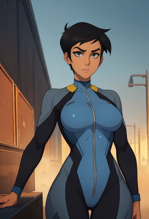 masterpiece, best quality, 1girl, skin tight plugsuit, perfect eyes, perfect face, Lois Lane, cowboy shot, portait, very short black hair, grey eyes