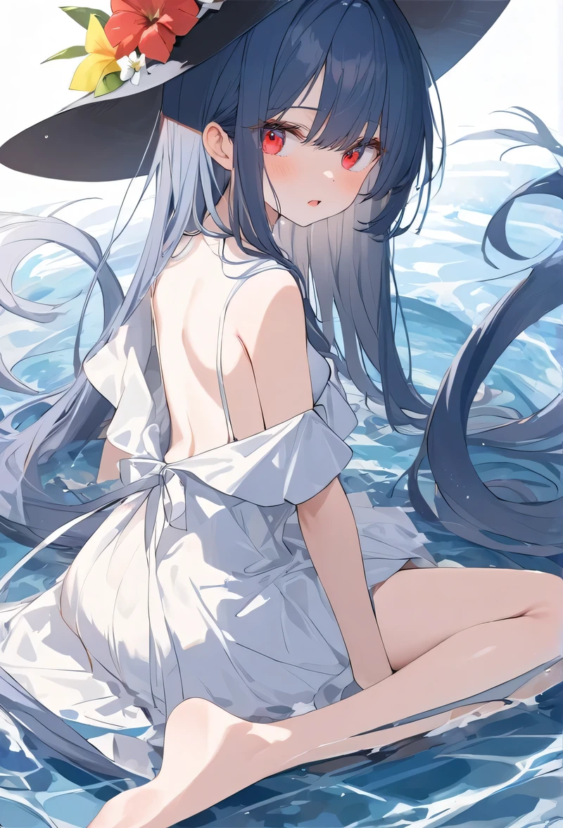 femboy boy 14 years old, White skin, long white bare hair, she wears a short dress and a cloth covering her breasts. He is holding his legs up with his hands , He is lying down with his legs still up, he has a tube with water slowly coming out of it as far as it will go down his throat.