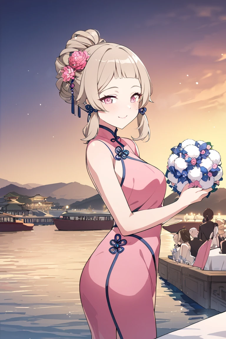 masterpiece,  best quality,  Waterfront , banquet, 1 female,   mature mature ,  elegant , Chinese style,  Ancient China, sister, Royal sister,  happy , Meatball Head,  light brown hair , Pink Eye, Gorgeous hat,  don't include symbols ,  pink clothes , Thread-like clothing, intellectual, Full Bang,  flat bangs, Flower Ball, Delicate face, up hair 