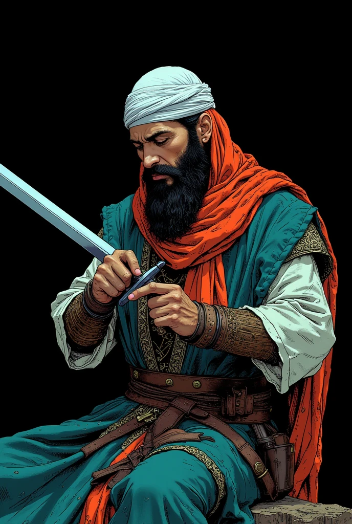 (best quality, masterpiece: 1.2). A vibrant, comical 2D illustration of a Muslim warrior sharpening his sword with precision and concentration. The scene, set against a deep black background, captures the warrior in a moment of quiet determination and mastery. His clothing reflects traditional warrior clothing, detailed and authentic,highlighting its cultural heritage. Light reflects off the blade as he carefully sharpens it, preparing for battle. This moment is a moment of preparation and reflection, emphasizing the strength and readiness of the warrior. The work should convey the tension and intensity of the moment, and the black background enhances the dramatic effect.(rutkowski:0.66),(turquoise and orange:0.4), (natural skin texture, hyperrealism, soft light, sharpness)(dark frame:1.1), epic realism,