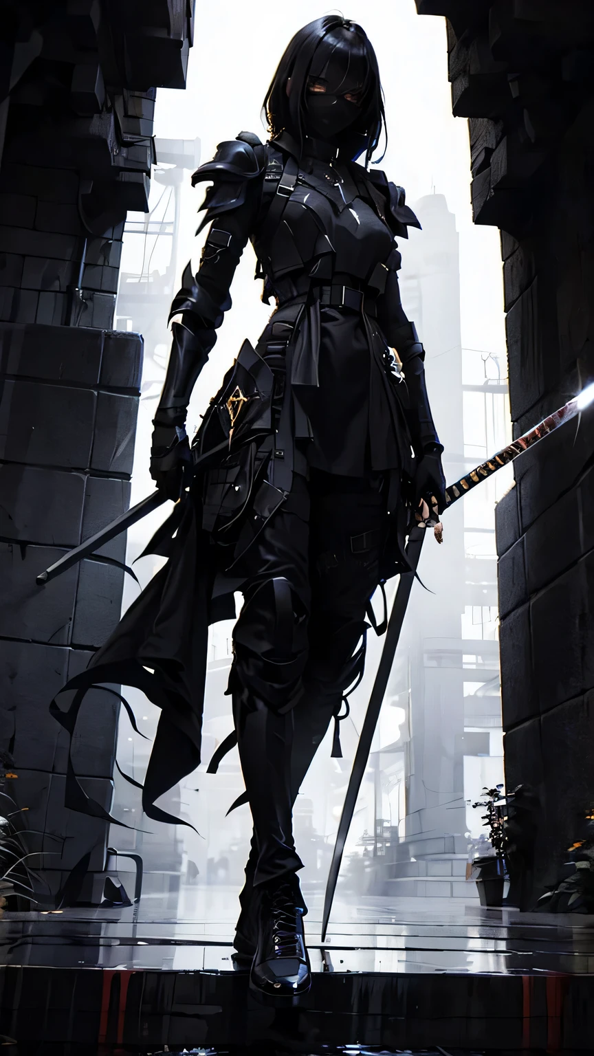 woman, ultra high details, dark fantasy, bloom, blood, dark environment, dark background, light armor, dynamic pose, golden eyes, katana,