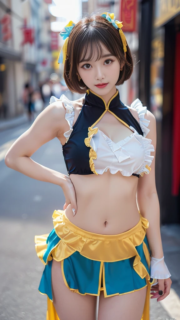 (((very detailed , 8k wallpaper, masterpiece, High resolution, highest quality))), ((Beautiful woman, Model-like posture, acrobatic pose,fighting pose,ハイキックポーズ,)),((China dress style idol costume, cute and sexy costume with cute colorful frills and sexy slits on the costume):1.5),(China dress style idol costume:1.4),
(cute and sexy costume with cute colorful frills and sexy slits on the costume:1.3), ((very detailed顔, very detailed black eyes, extra detailed body, highest qualityのリアルテクスチャスキン)), (Short Bob Cut Hair, white skin,), (Chinese style wall), surreal, digital paint,