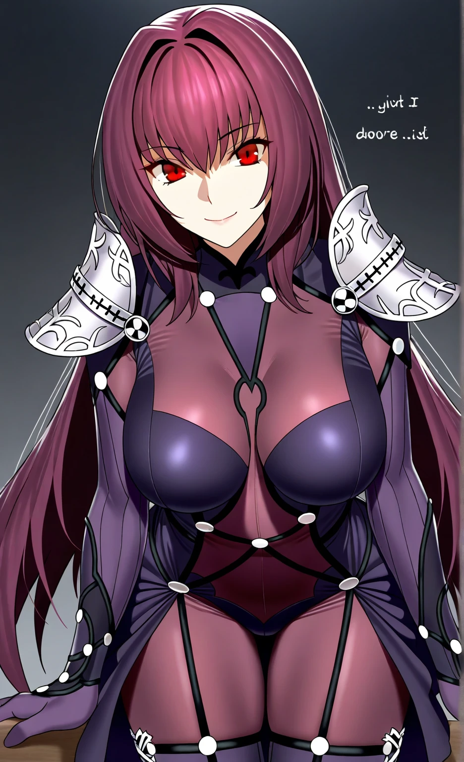  High resolution,  masterpiece, necessary,  The best quality, Detail, quality,  lyrics,  very detailed, Desde lejos

1girl, solo, smile,

Scathach,  scathach fate ,  scathach fate  grand order,  long hair , red eyes,  tight suit



