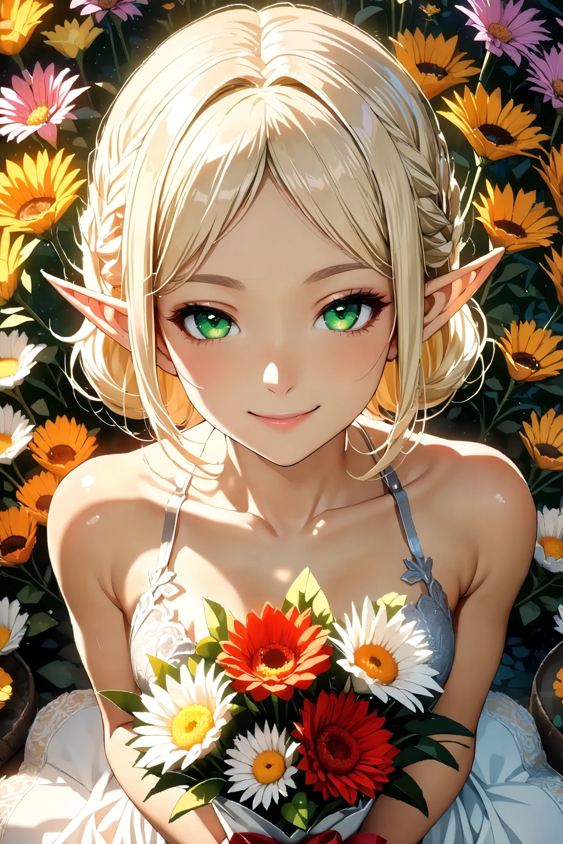 (masterpiece, ultra quality, official art, 8k, extreamly detailed, beautiful and aesthetic:1.2), (1 elf lady), solo, (cowboy shot:1.3), anatomically correct, absurdres, (background like flower garden), (well-defined facial features, perfectly proportioned face, graceful and symmetrical features, radiant and healthy glow, fine details and realistic textures, ultra detailed face, delicate facial features:1.4), beautiful line drawing, mysterious beautiful lady, elfin ears, shiny silver hair, green eyes, sexy lingerie, (happy smile:1.4), (holding a big bouquet:1.3), (wariza:1.5), (from  above:1.5),