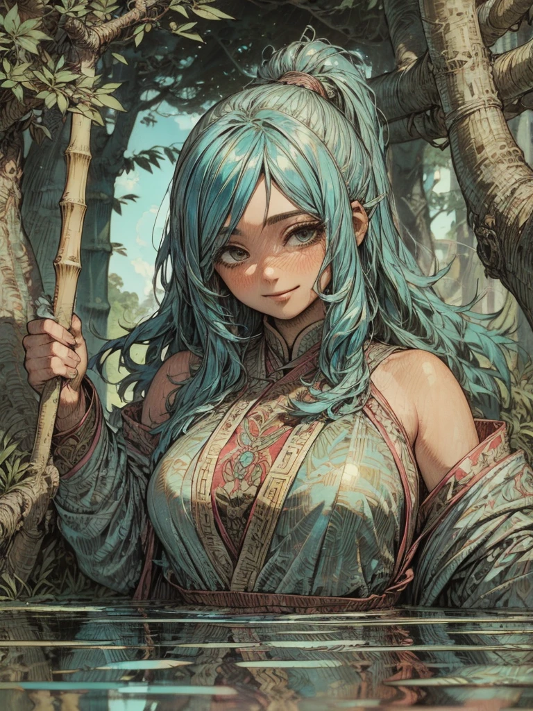 masterpiece,  best quality,  Official Art, 8k wallpaper,  Very detailed, Illustration, 1. Boy, Chinese style, ink,  sky blue hair , Long Hair,  Detail Eyes, Forest Fun,  bare shoulders, Hanfu, lake, pure,  Soft Smile, bamboo, tea