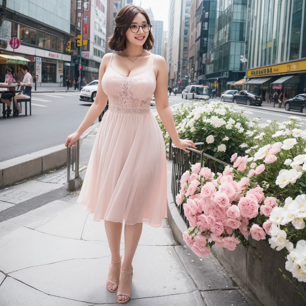 fat girl, chubby, white skin, tall, big breasts, big thighs, big butt, tall figure, long legs, detailed eyes, 100% beautiful nose, pink lips, radiant smile, wearing elegant skirts and dresses , posing in the big city, holding flowers, falling snow, ice, landscape, revealing dress, wearing clogs, sandals, looking at the viewer, colorful dress, tight dress, braided hair, short hair, long hair, wearing glasses