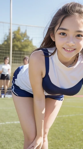 (masterpiece,   best quality,   High Definition  ,   super detailed, 8k, 4K),  ((((Transcendental cute 8th grader)))) 、((smile))、 sports practice 、Club activity practice 、run、1 person、(((Detailed super transcendental cute face)))、 beautiful legs