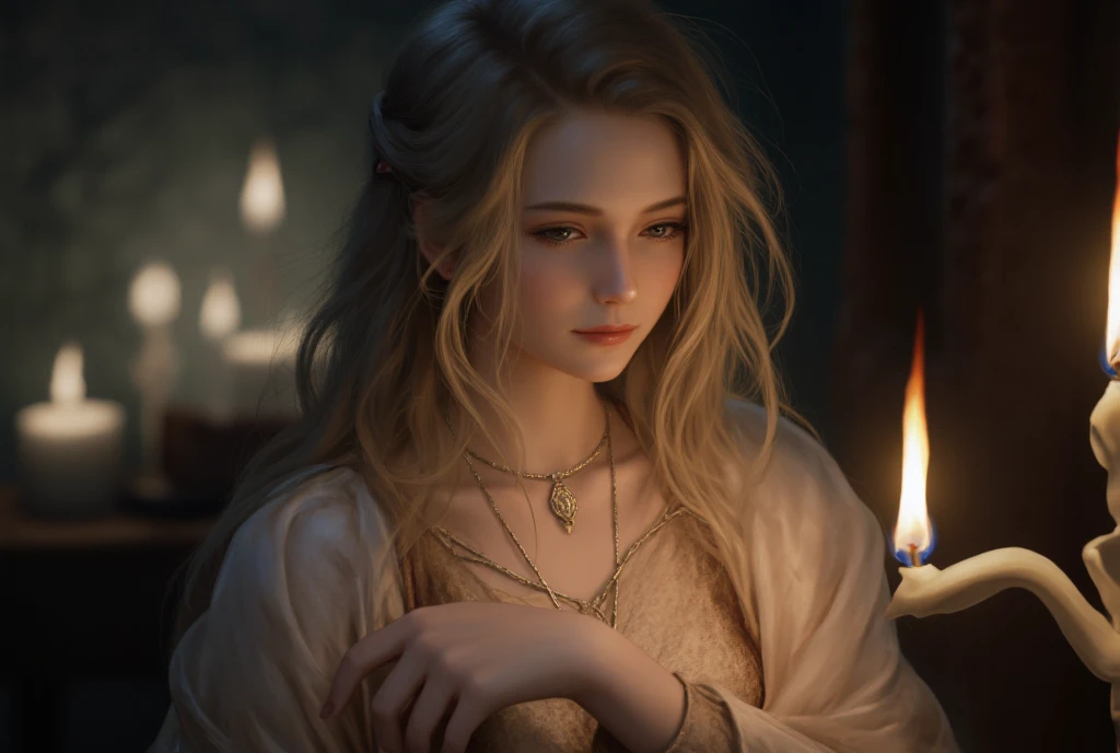 Image is a digital artwork featuring a fantasy scene with a young woman as the central subject. She has fair skin and long, wavy blonde hair cascading over her shoulders. Her facial features are delicate, with a contemplative expression. She is adorned with intricate jewelry, including a necklace and bracelets, and wears a flowing, light-colored gown with ornate patterns. The setting is dimly lit, with numerous candles casting a warm, ambient glow around her. The background is softly blurred, enhancing the focus on the woman and the candles, creating an intimate and mystical atmosphere. The overall composition is balanced, with the subject positioned slightly off-center, adding to the artistic allure of the scene.