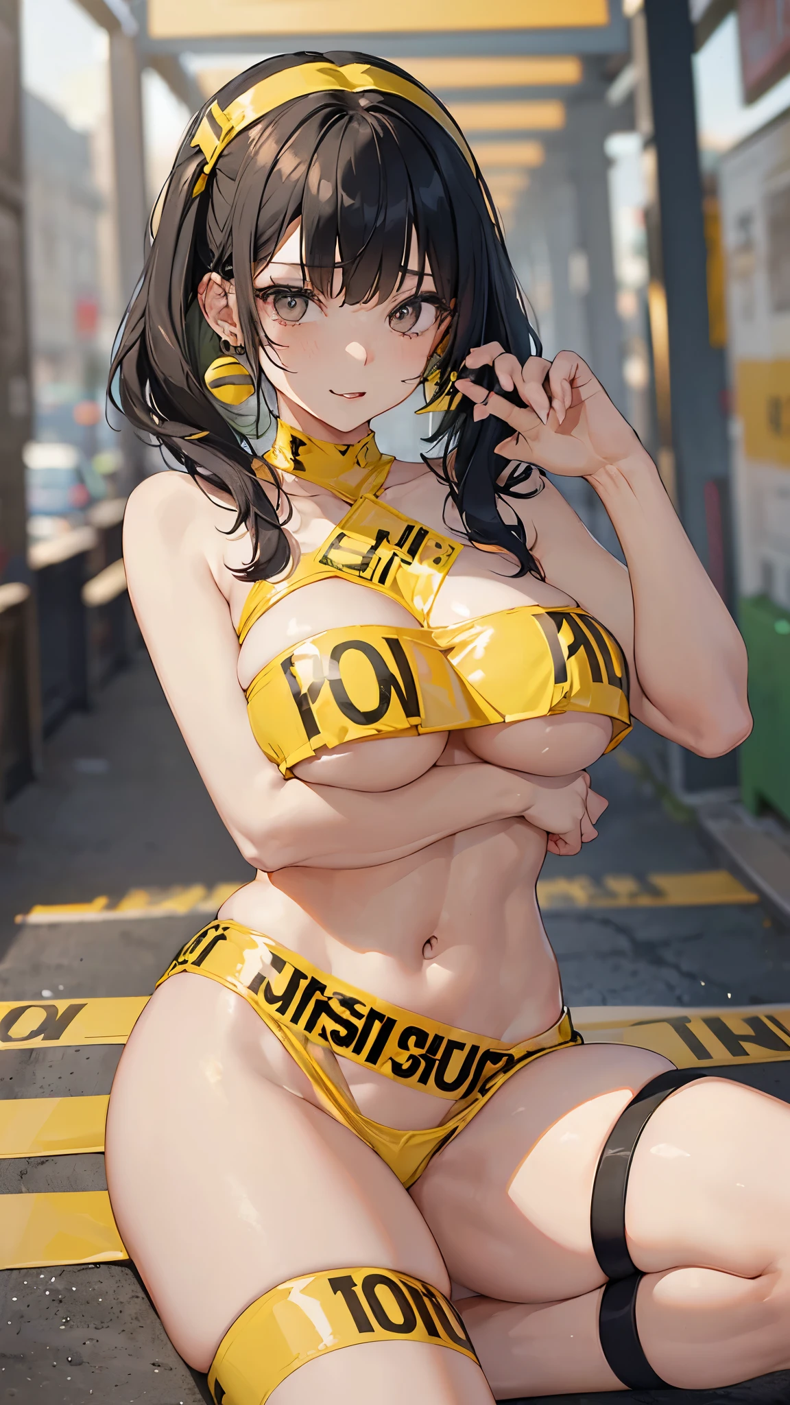 (masterpiece、  best quality、  Very detailed))、   one girl feeling at ease 、  black hair、 Short hair beside the uniform 、  twin tails、 short bang 、  wavy hair、  gray eyes、(( Mouth on the palm of your hand))、((Cum on tongue))、((  lots of earrings))、((  very big breasts  ))、((ctf2024、A passageway with thin yellow tape、  tape conceals women's breasts and groin ))、((Thick waist))、Thighs