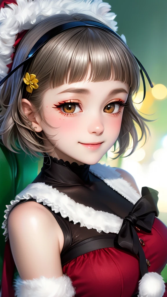 (((solo))), 1 woman, LOVELIVE! Sakuya Kurobane, sakuyaunif, kurobane_sakuya, short hair, grey hair, black hairband, blue hair flower, brown eyes, red eyeliner, chest, blush, smile, (upper body), santa claus